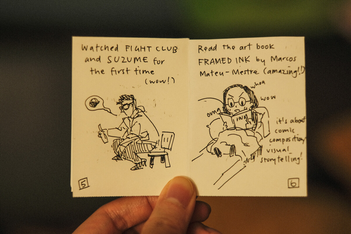 Third spread. 5) Watched Fight Club and Suzume for the first time. There's a drawing of the Fight Club narrator sitting on the little chair from Suzume. 6) Read the art book Framed Ink, and I am very amazed.