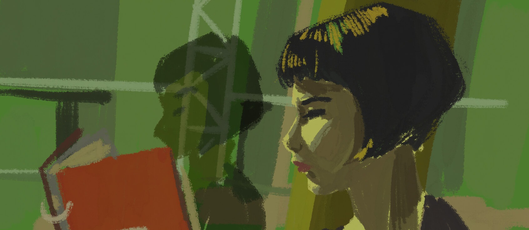 Rough digital painting of Amelie sitting in a train reading a book, with her profile reflected in the glass, bathed in green light.