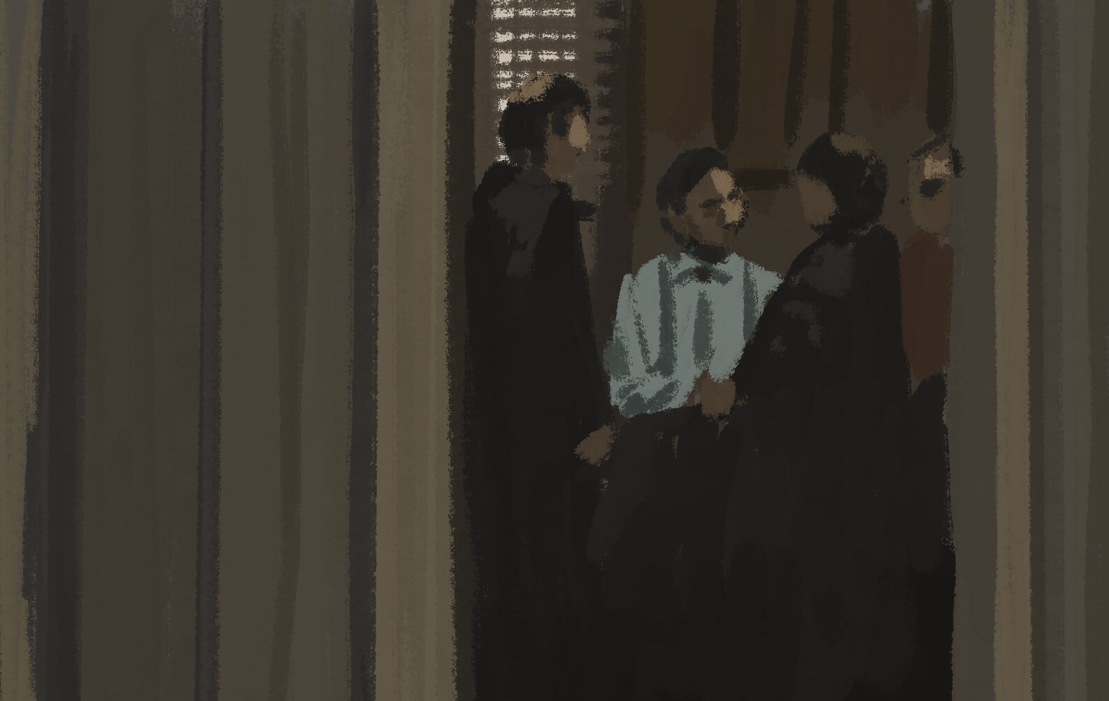 Rough digital painting of looking through a doorway, like a voyeur, at various men shaking hands in a study.