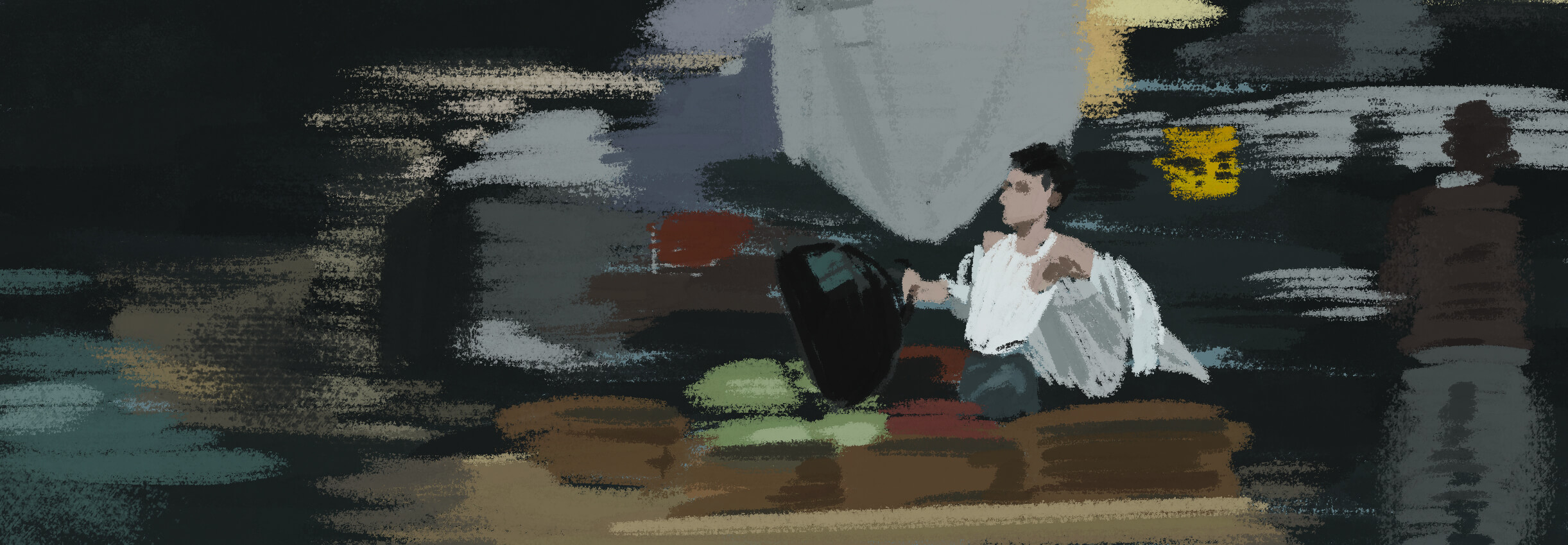 Rough digital painting of Marty running through the street, his figure in sharp focus and the background blurred.
