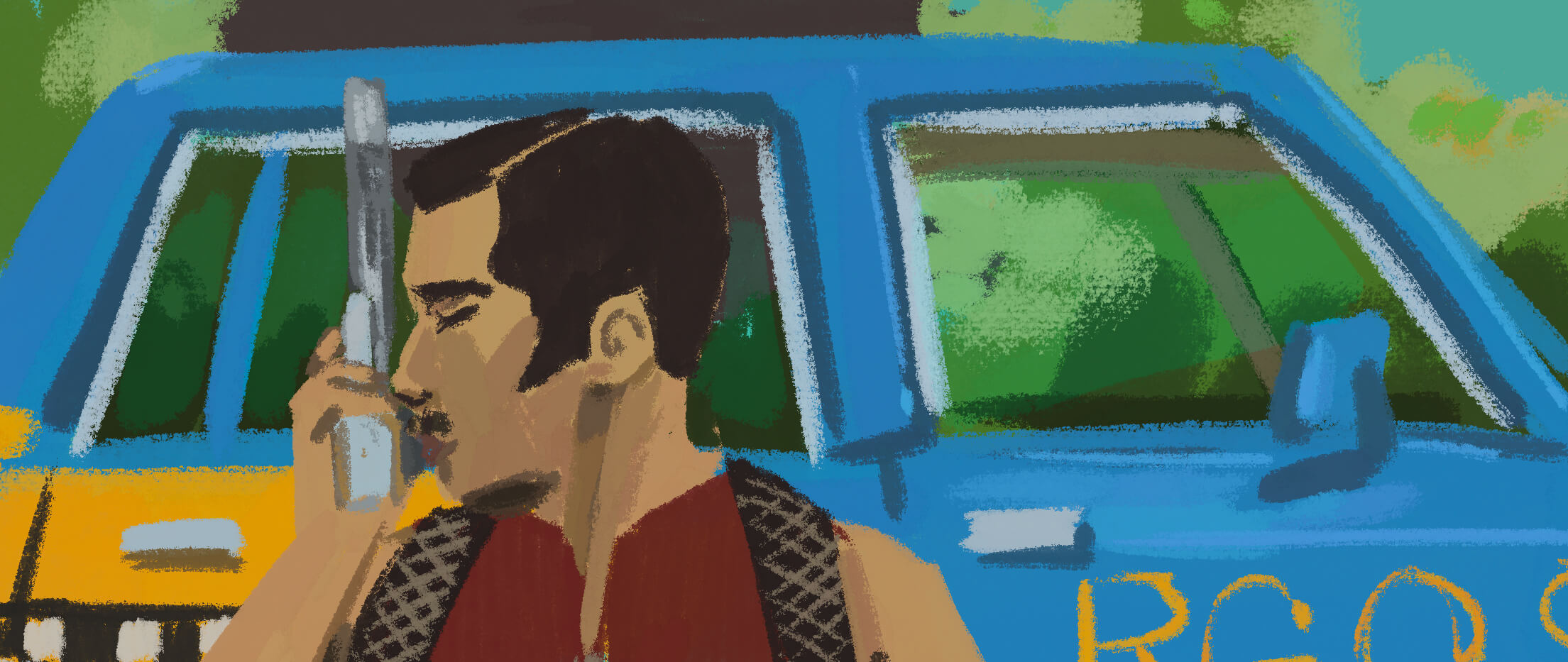 Rough digital painting of Tybalt kissing his gun, kneeling in front of a vivid blue car.