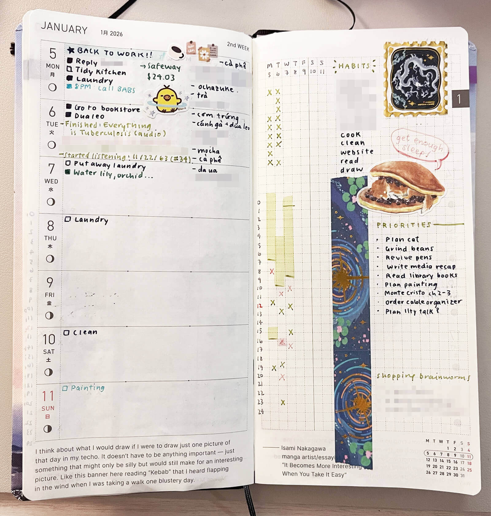 Weekly spread. Left page has my daily tasks and what I eat. Right page has a habits tracker, sleep tracker, and goals list, along with some stickers and washi tape decorations.