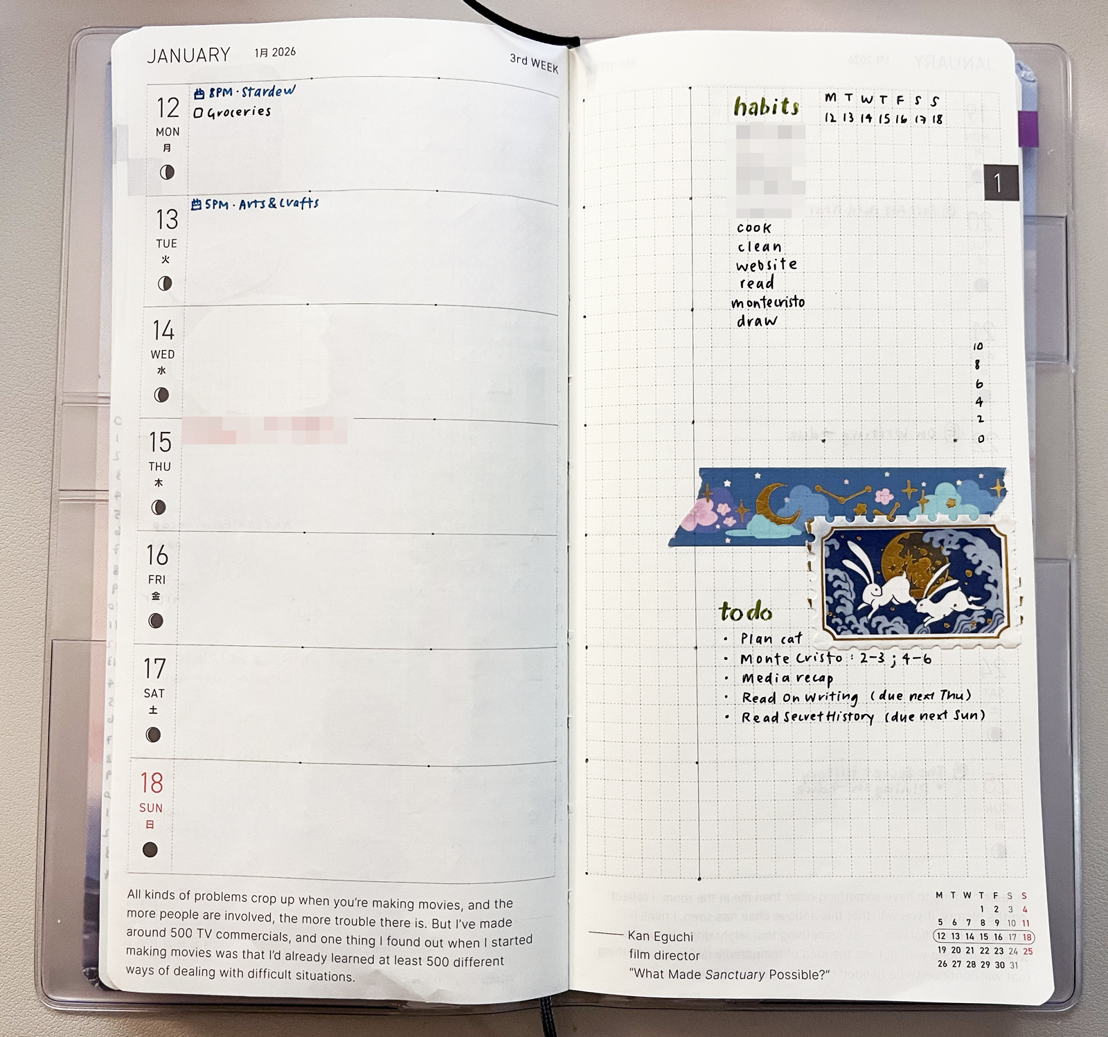 Weekly spread setup. I have a couple of events written on the days side. On the right is my habit tracker and to do list. It's decorated with some washi tape.
