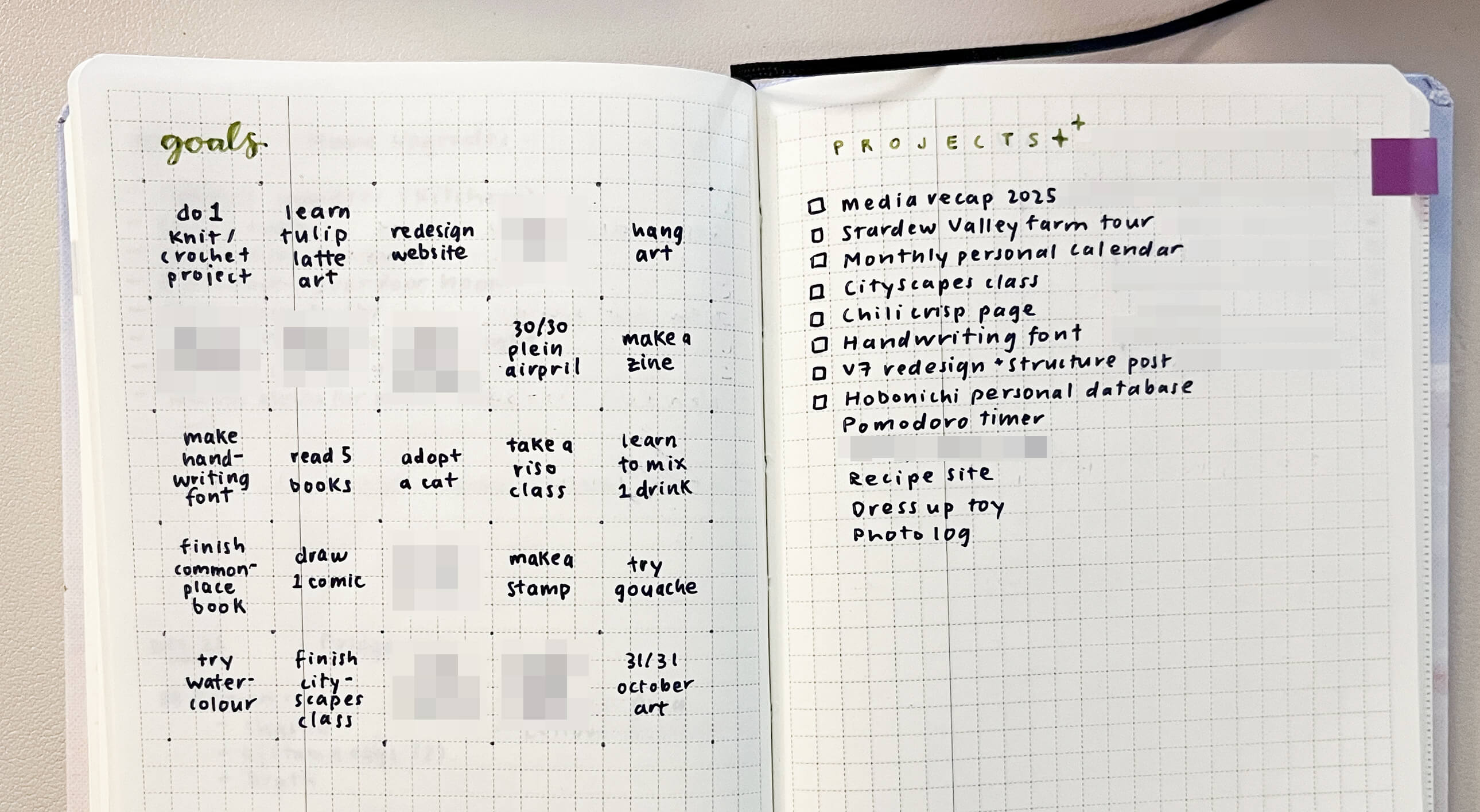 A 5 by 5 bingo of goals, and a list of creative projects I'm working on. They're all mostly art related, such as drawing and designing.