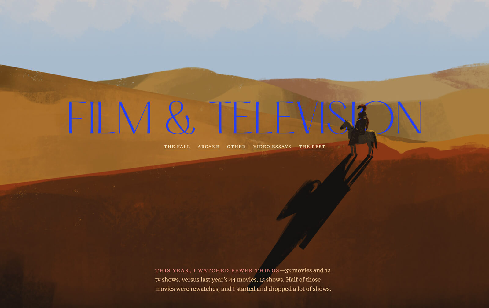 Hero illustration for my Film and Television section, where the title is layered behind the drawing foreground: a figure on horseback; the background: wide, sandy dunes.