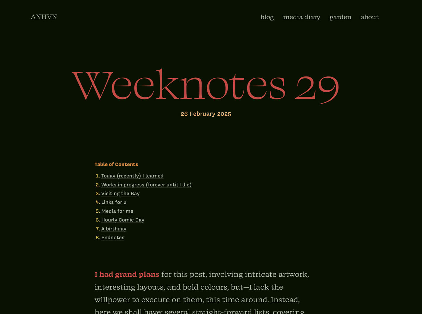 Blog post screenshot, featuring a deep forest green background, and red, orange, and yellow accents.
