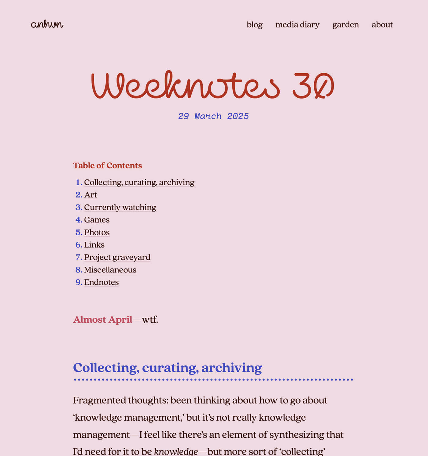 Blog post screenshot where the colour palette matches my site design, but featuring different typography.