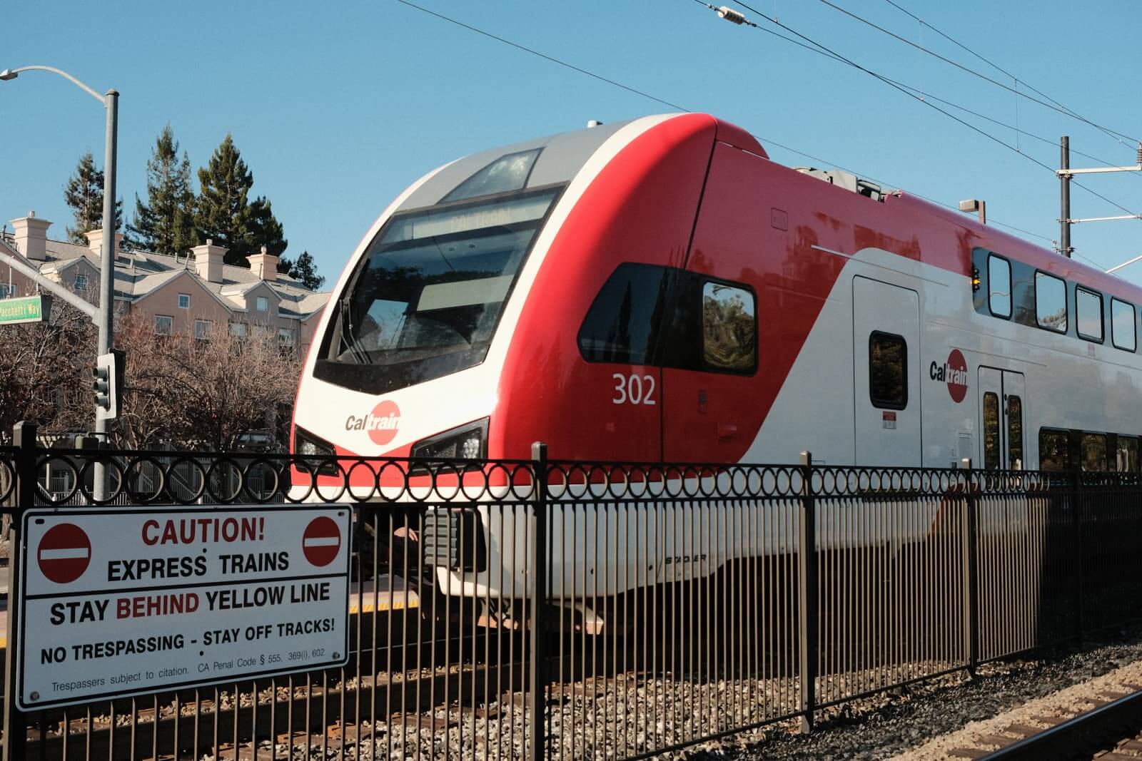The front of the train, which is a double-decker commuter train.