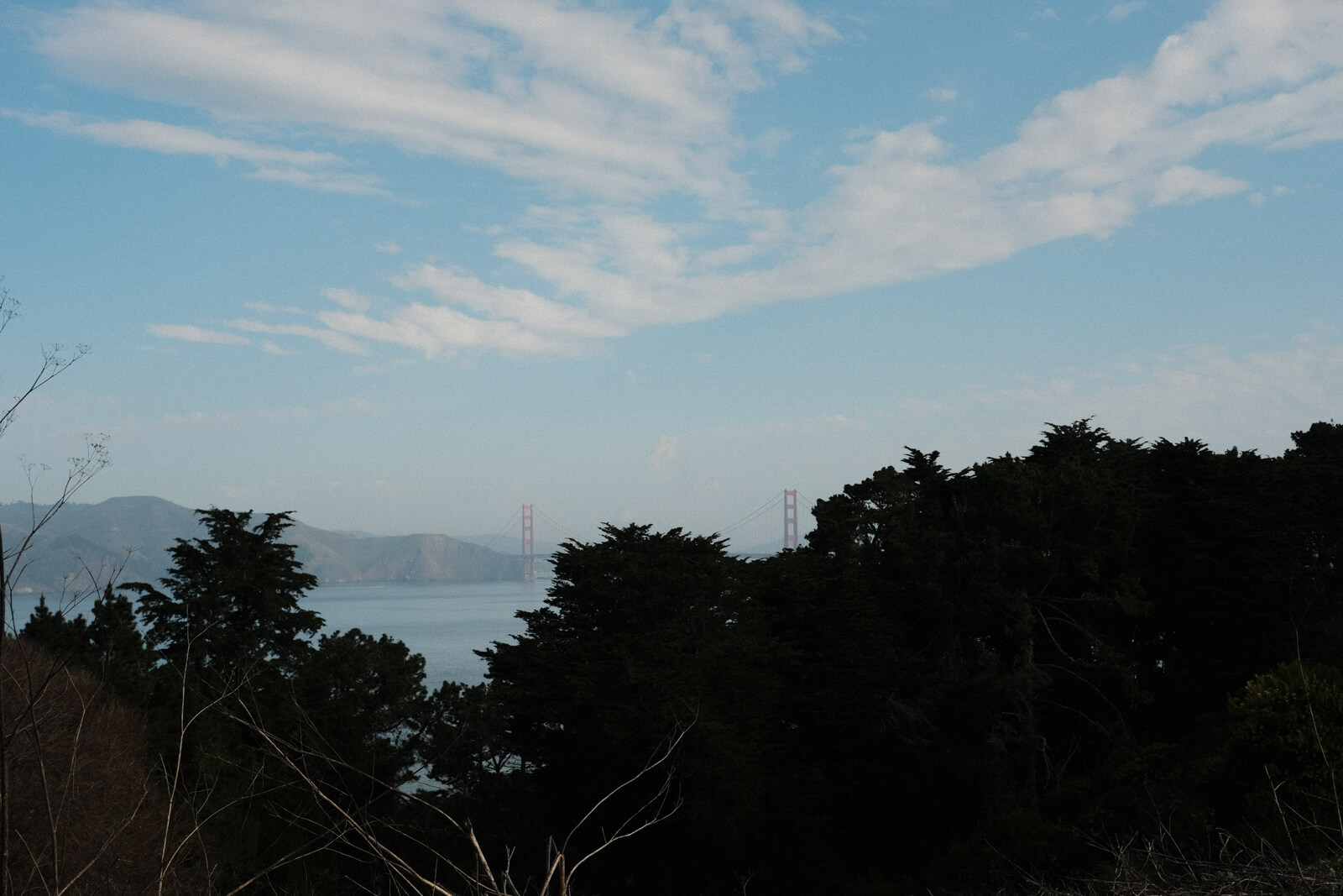 A distant view of the Golden Gate bridge.