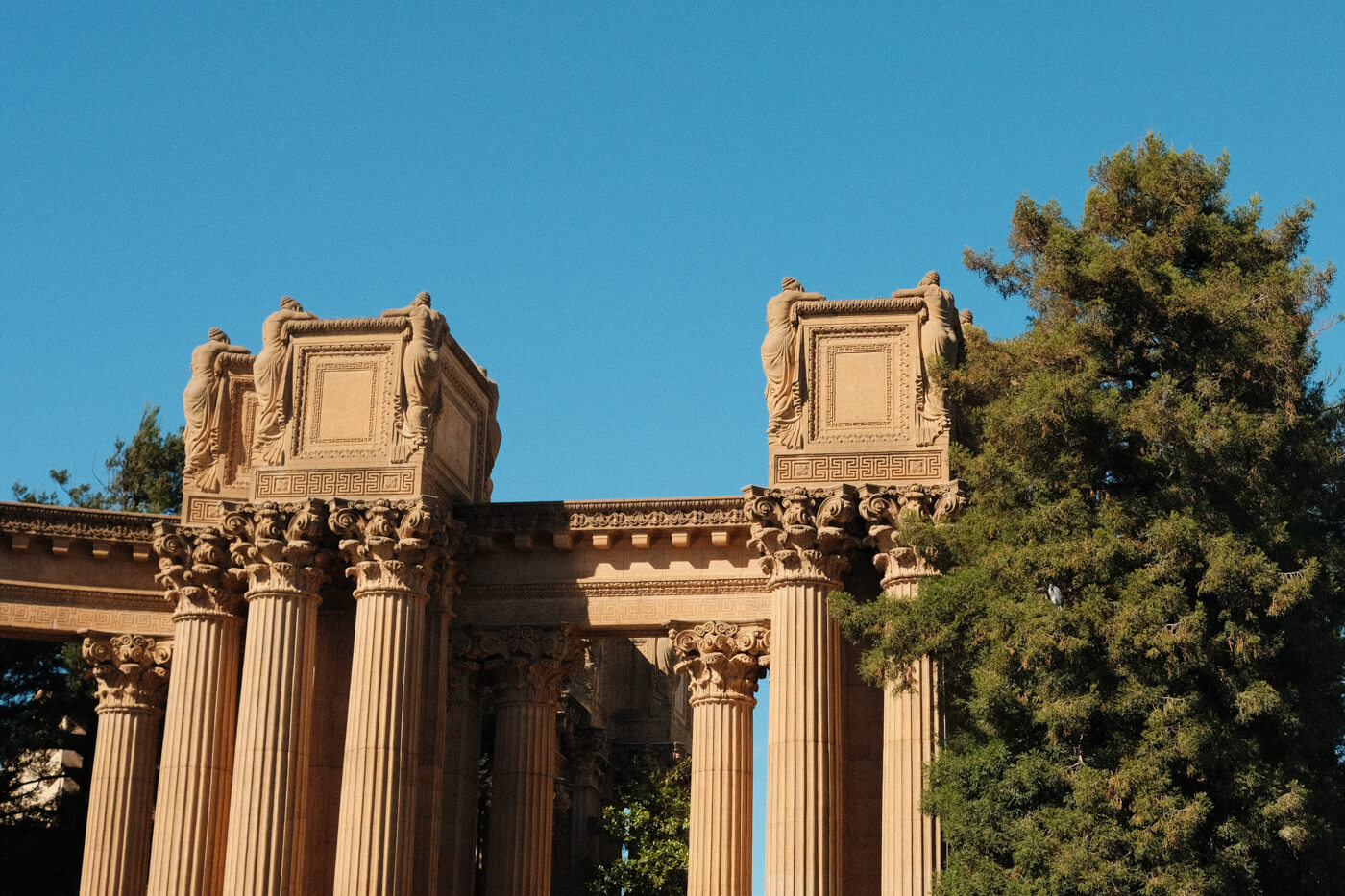 The tops of more fancy corinthian columns. These ones are capped with boxes that have sculpted figures on each vertical edge.