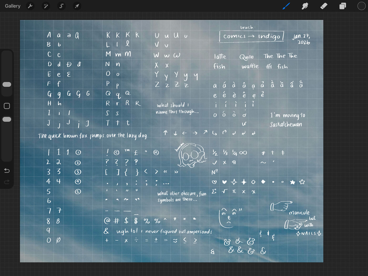 Screenshot of my handwriting of the alphabet, numbers, and symbols, with different variants for many of them, as a draft for my handwriting font.