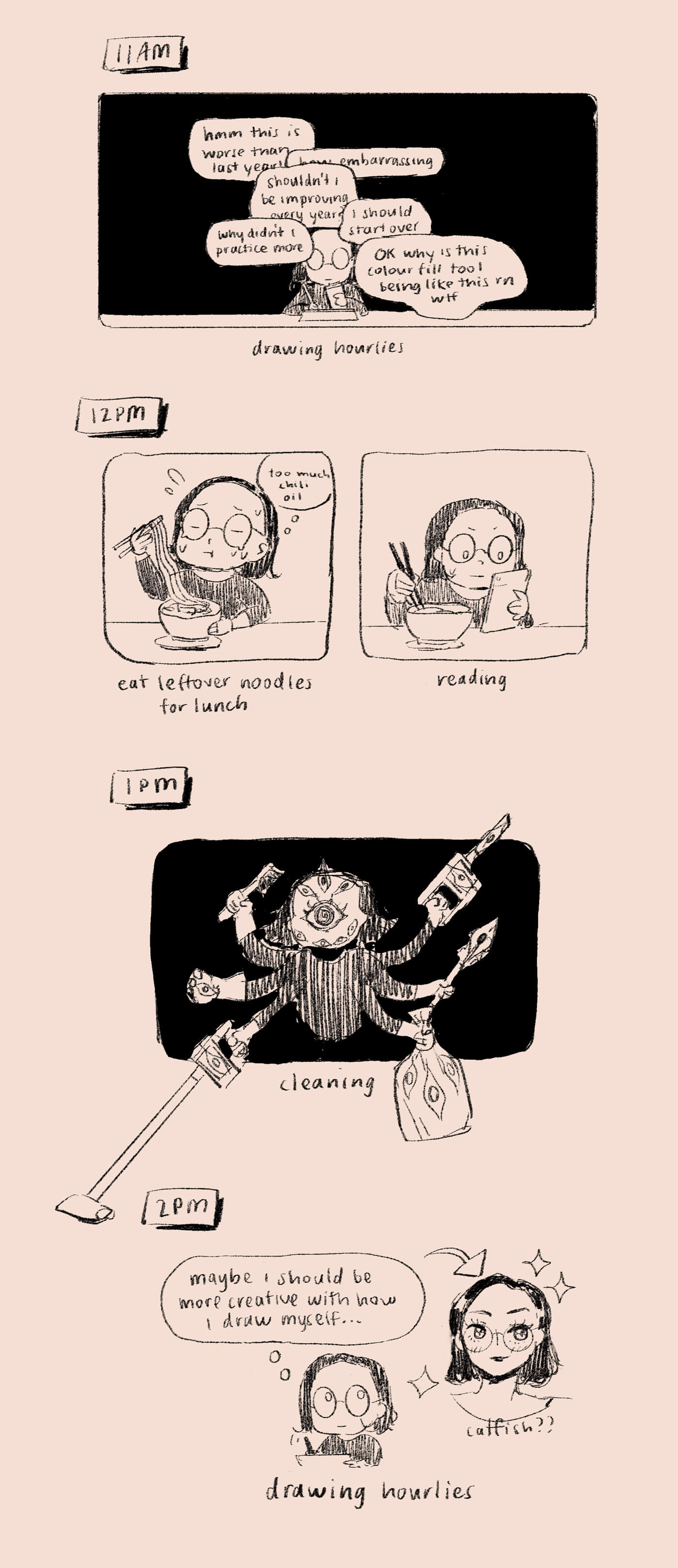 11am: drawing, while filled with thoughts of self doubt about how this year’s comic is worse, I should start over, also the fill tool is weird. 12pm: eating lunch (too spicy) and reading. 1pm: BE NOT AFRAID, I am cleaning, I am a divine, biblically accurate angel. 2pm: drawing, thinking I should draw myself more creatively, perhaps as a catfish anime girl.
