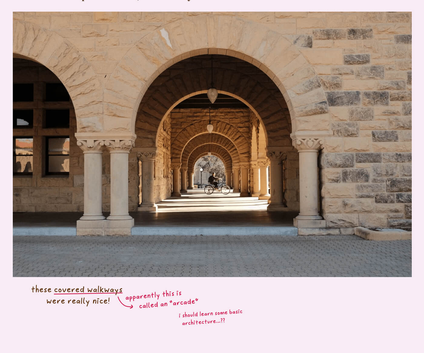 Photo and caption.The caption is styled as three short comments: “these covered walkways were really nice!”; “covered walkway” is underlined, and an arrow points to the next comment, “apparently this is called an arcade”; the third smallest comment says “I should learn some basic architecture?”