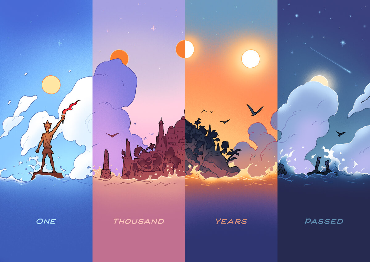 A beautiful comic spread, split into four equal panels, depicting the passage of time of the same scene: a statue and landmass in water; the sun and moon in the sky; the ocean, aflame and then not; the changing time of day. It's captioned as 'one thousand years passed'.