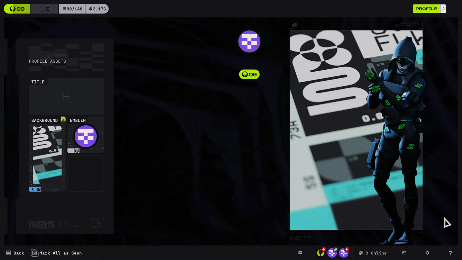 My profile, featuring the assassin shell with a skin that's all black with bright green accents.