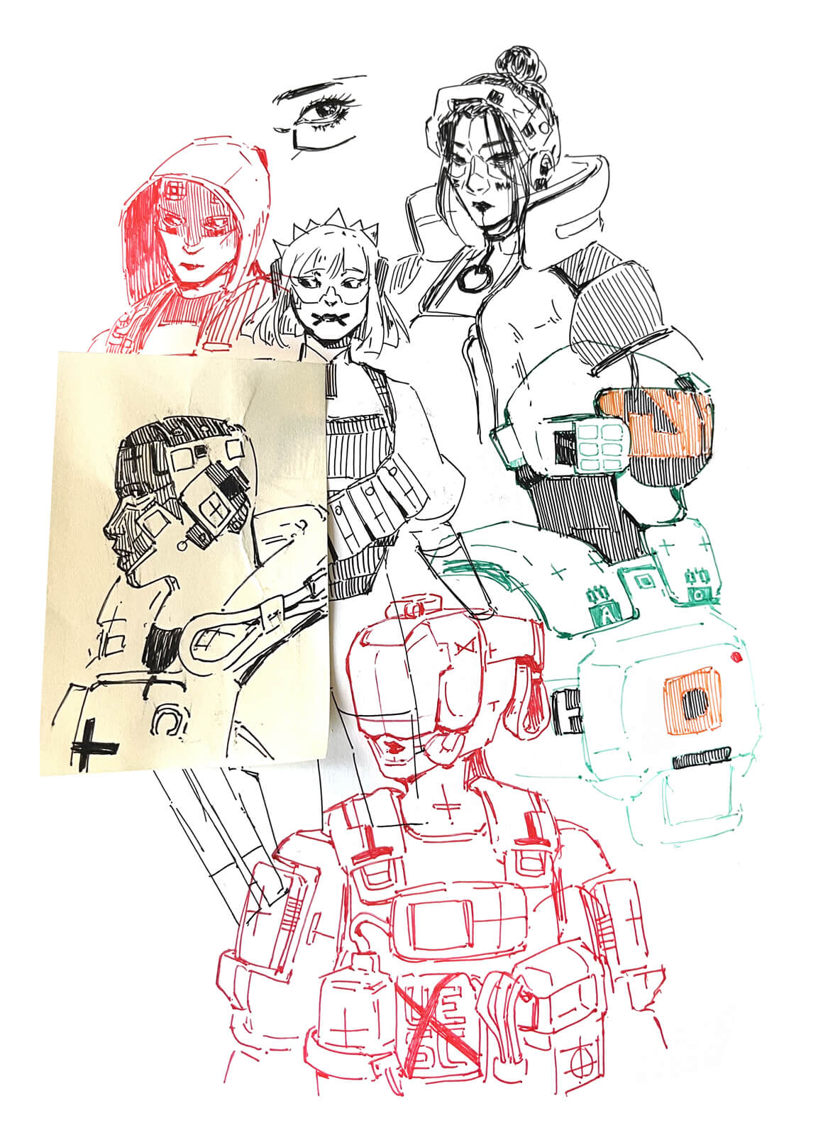 Ink sketches of the six shells in Marathon (excluding Rook)