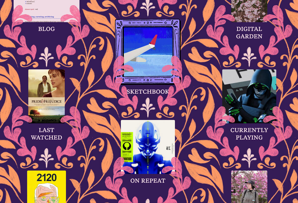 Cropped screenshot showing images that link to various pages on my site, set on top of a busy, floral repeating pattern, like a wallpaper.