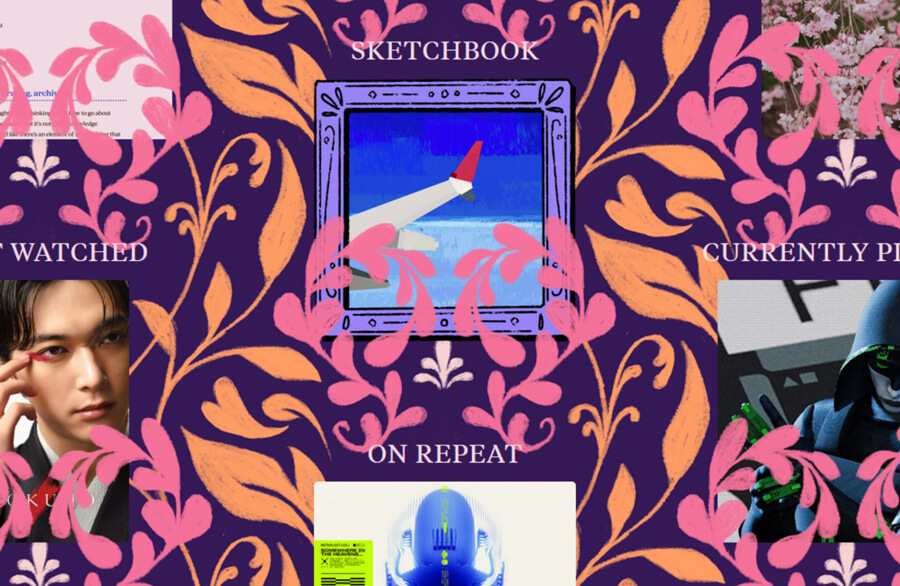 Cropped screenshot showing images that link to various pages on my site, set on top of a busy, floral repeating pattern, like a wallpaper.