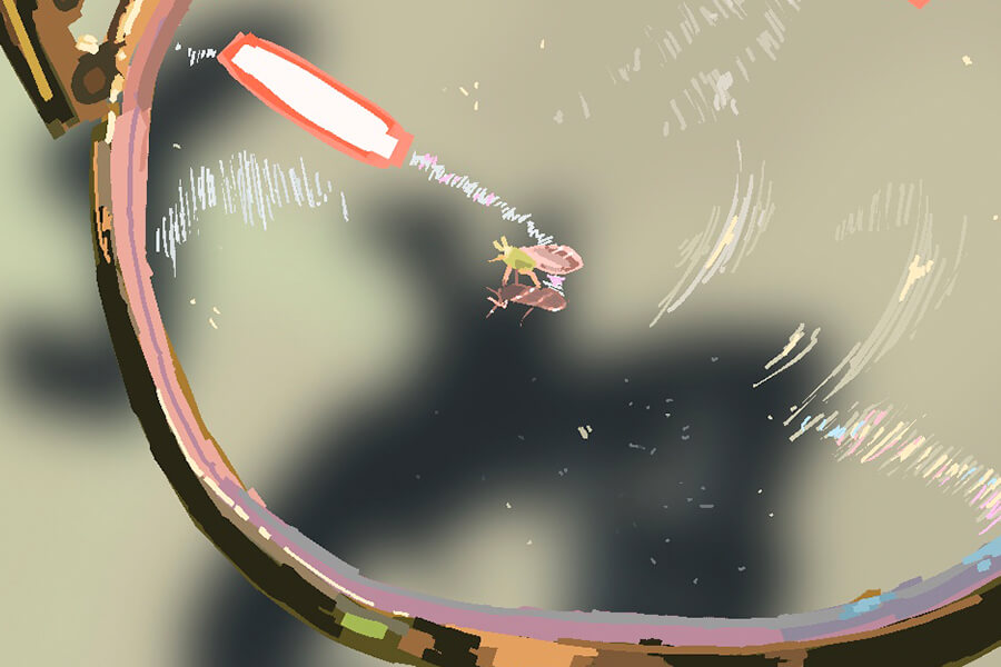 Digital painting of a closeup of holding my glasses, in which a tiny green bug with pink wings is perched on the inside of the lens. In the background is a blurry sidewalk; in contrast, the glasses are painted with a sharp blocky brush.