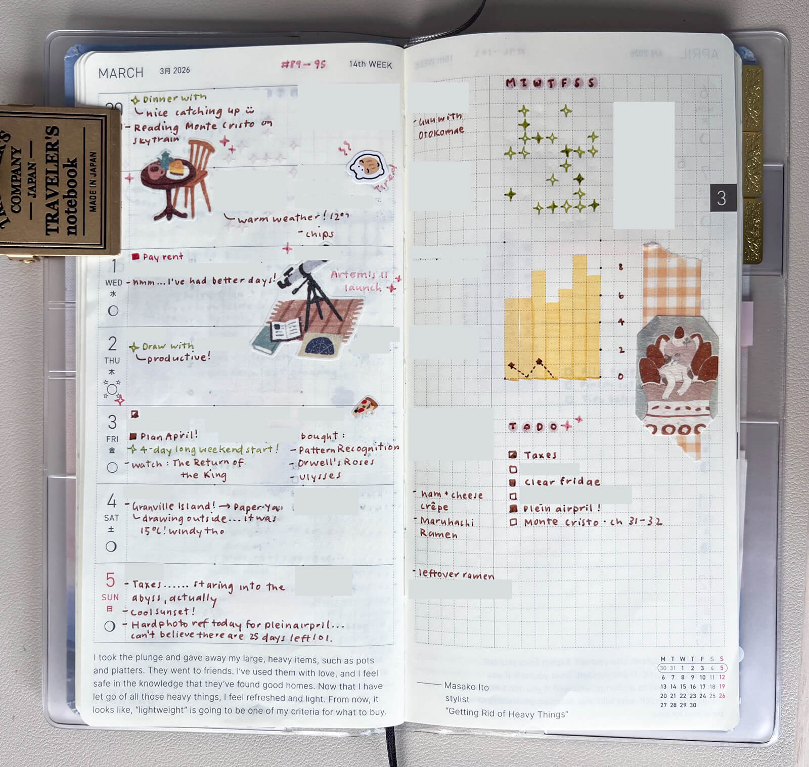 Weekly spread, written in brown ink with some green and yellow for accents.