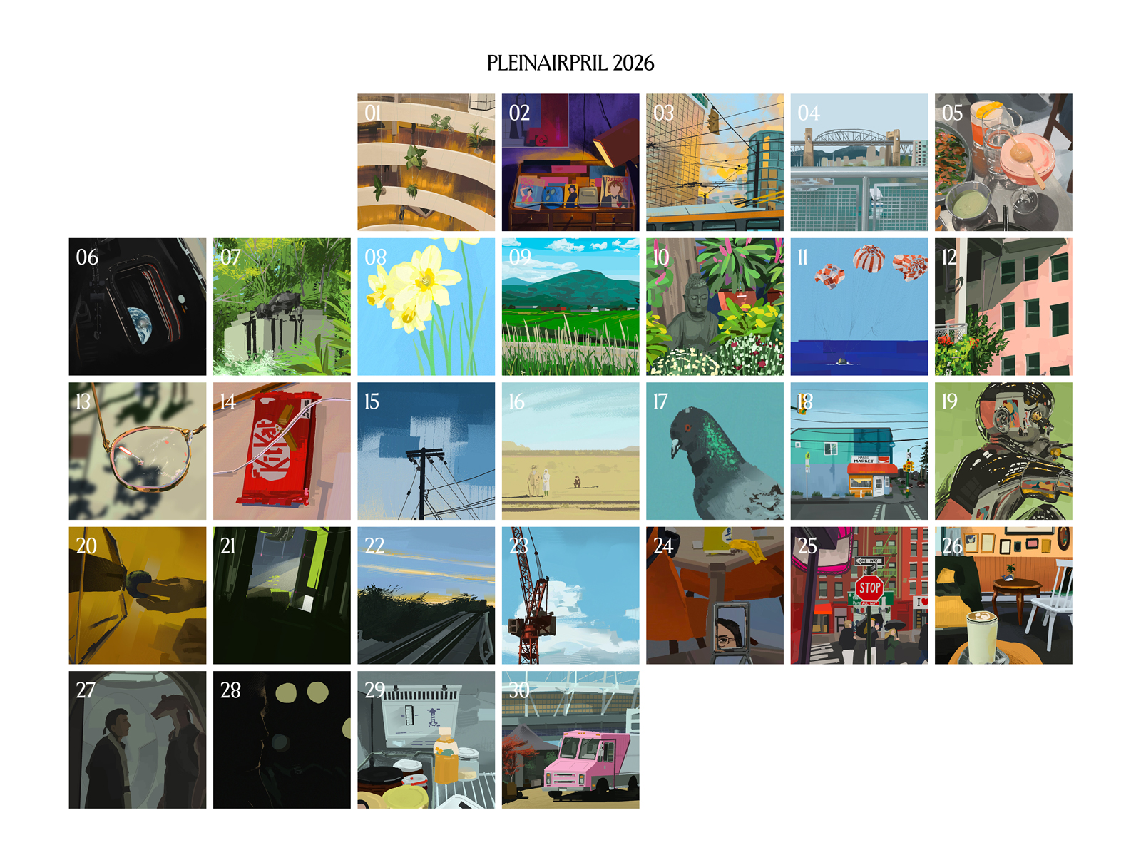 A grid of 30 digital paintings.