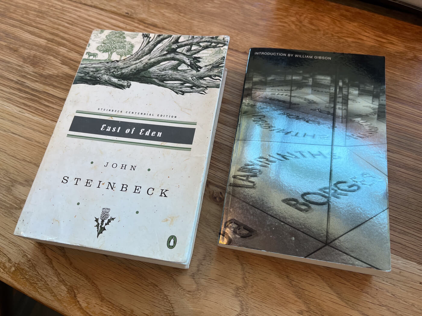 Two books: <em>East of Eden</em> by John Steinbeck, and <em>Labyrinths</em> by Jorge Luis Borges with introduction by William Gibson