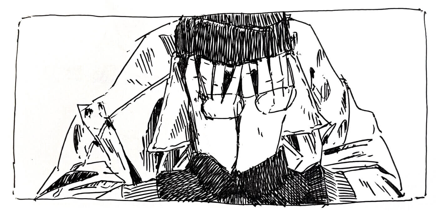 Ink sketch of a movie frame: a man with his head in his hands, fingers under his glasses, face entirely obscured. The folds and shadows of his coat are lightly hatched. 