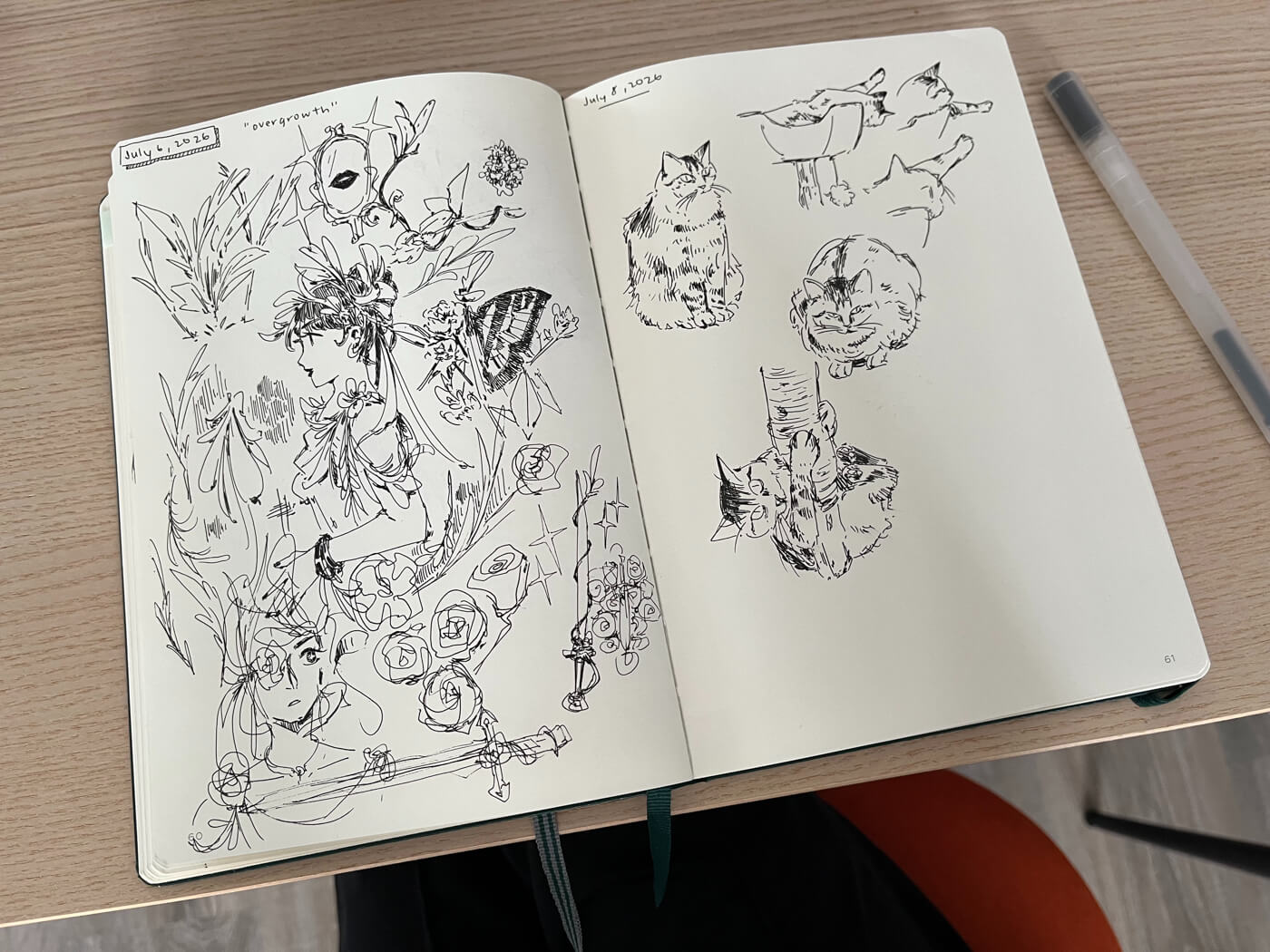 Sketchbook open to two pages. On the left: A collage of messy ink sketches of random plants and flowers, roses, and swords, with the prompt “overgrowth”. On the right: Ink sketches of my cat in various poses.