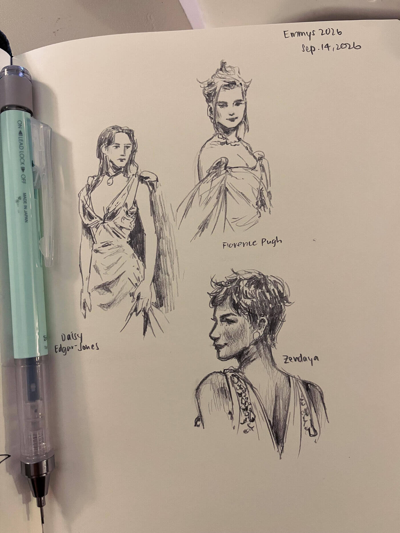 Pencil sketches of actresses from red carpet events: Daisy Edgar-Jones in a drapey dress with a deep neckline, Florence Pugh in an updo and a strapless dress with a voluminous cape flowing out from her arms, and Zendaya with a pixie cut and a beaded dress cut in a V in the back.