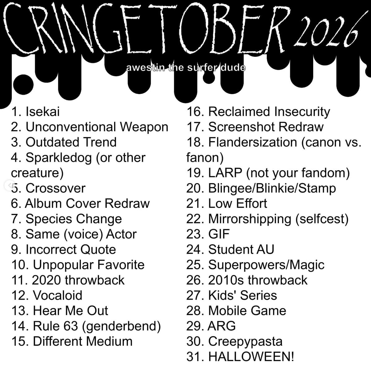 A list of 31 drawing prompts covering things like crossover, throwback, rule 63, redraws, and student AU.