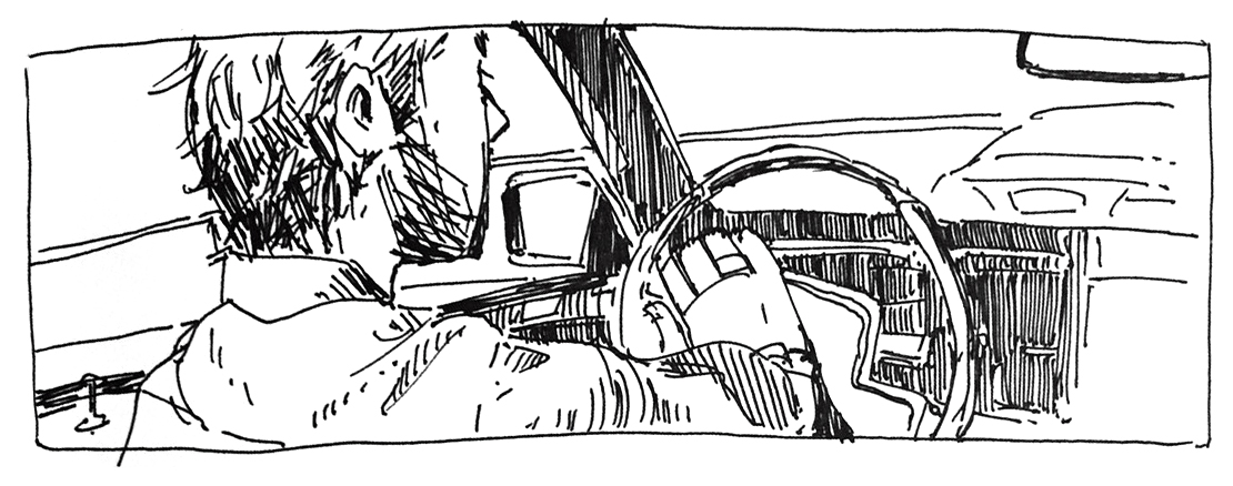 Sketch of a man driving a car.